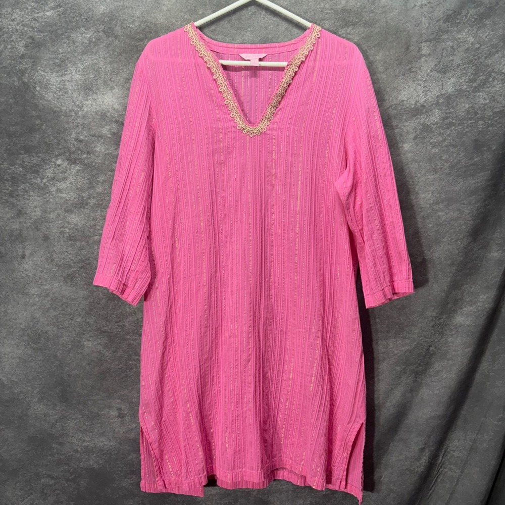 Lilly Pulitzer Esme Lurex Stripe Tunic Dress Size XL Pink Gold Gauzy Vacay